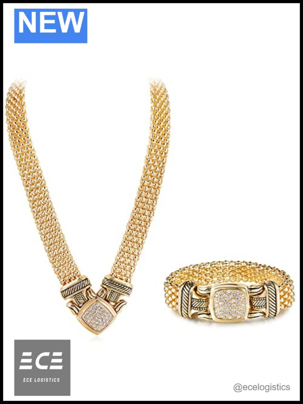 Pave Crystal Bracelet Necklace Set Cable Chain Magnetic Clasp